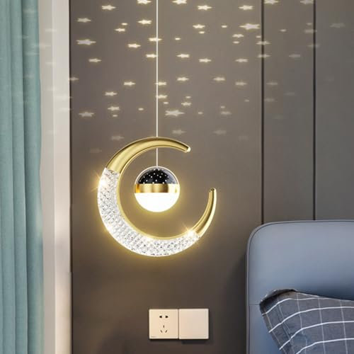 Chao Zan Luz colgante Lámpara colgante proyector estrella habitación infantil Iluminación de techo 10W LED Lámparas colgantes para pasillo Dormitorio (Dorado, Luz blanca cálida)