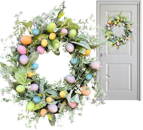 Ghirlanda di uova pasquali – Ghirlande pasquali artificiali per porta di casa – Ghirlanda pasquale – Ghirlanda di fiori colorata – Uova di Pasqua per decorazioni con piume di Pasqua