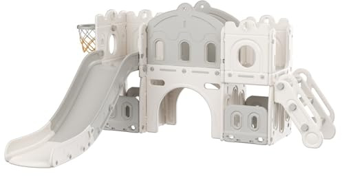 FUKEA 6-in-1 Kids Slide, Outdoor & Indoor Toddler Castle Slide Climbing Frame with Storage Box, Garden Slide Playground for Toddlers age 1-3, Birthday for Kids(Grey)
