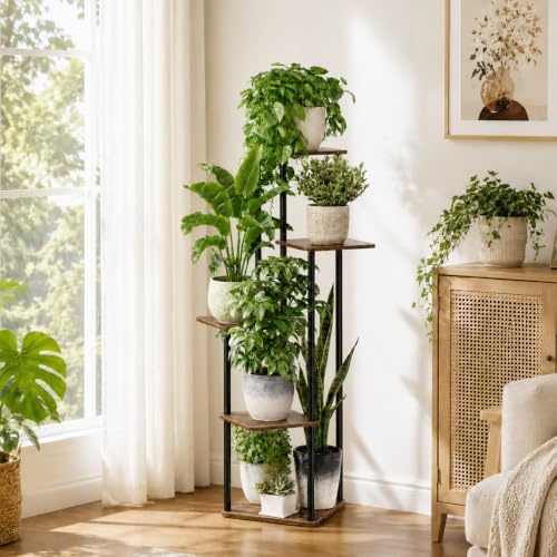 Plant Stand Indoor Tall Metal Corner Shelf for Multiple Plants, Plant Shelf Suitable for Garden, Balcony, Living Room, Bedroom (5 Tier-Walnut&Black)