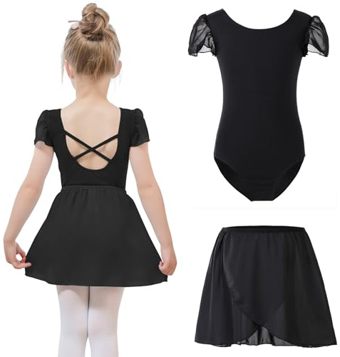 Bezioner Body Danza Classica Bambina con Gonna Rimovibile Vestito da Balletto Gonnellino Danza Manica a Sbuffo Nero 100 (3-4 anni,100-110 cm)