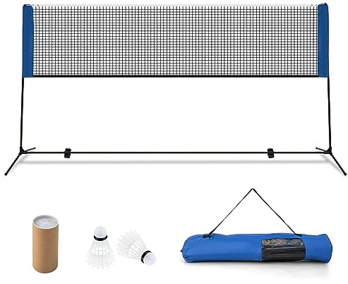GYMAX Badminton Set, Badmintonnetz mit Ständer, Übungsnetz höhenverstellbar & tragbar, Badmintonnetz mit Tragetasche & 2 Federbällen, Tennisnetz für Garten, Strand & Hinterhof(420 cm)