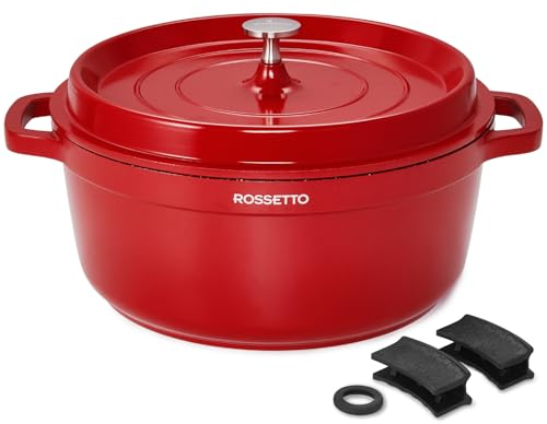 ROSSETTO 6QT Dutch Oven Pot with Lid, Ceramic Dutch Oven with Silicone Assist Handle Holder, Dishwasher Safe, Oven Safe, Non-Stick & Non-Toxic Bread for Baking, Brasing, Soups, Red