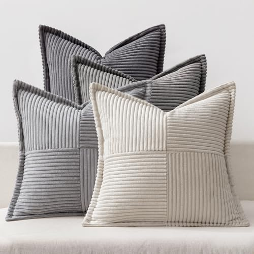 MIULEE 4er Set Kissenbezug 50×50cm Kordsamt Biese Patchwork Grau Serie | Weich Dekorativ Modern Vielseitig Pflegeleicht Langlebig Für Sofa Wohnzimmer Schlafzimmer Gästezimmer Und Balkon