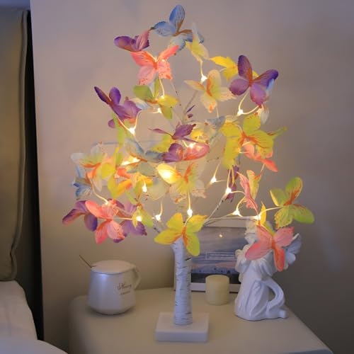 Tuzsocr LED Birke Lichterbaum,Schmetterlings Birkenbaum Lichter,24 Warmweiß LEDs Mit Blättern,USB/Batteriebetrieben,Bonsai Baum Lampe für Zuhause Party Geburtstag Innendekoration Weihnachtsdeko (B)
