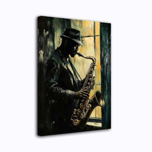 CXHOSTENT Schwarz Jazz Leinwandbilder Abstrakte Schwarze Musik Kunstdrucke Afroamerikanisches Bild für Männer Raumdekoration Gerahmt (Braun, 60.00 x 90.00 cms)