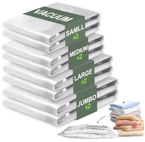 Vacbird Vakuumbeutel für Kleidung, 8 Stück (2 Jumbo, 2 Groß, 2 Mittel, 2 Klein), Wiederverwendbare Vakuumierbeutel Kleidung, Platzsparend Vakuum Beutel für Decken, Kissen, Steppdecken, Reisen