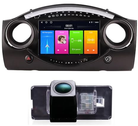 Android Autoradio mit GPS Navigation WiFi, Bluetooth, Phone Mirrorlink + Einparkhilfe HD Nachtsicht Rückfahrkamera Ersatz für BMW Mini Cooper S R50 R52 R53 2004-2007