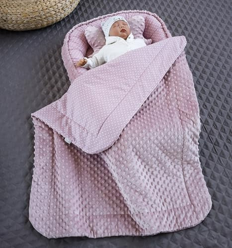 LOOLAY Babynest Set 85 cm x 60 cm - Baby nestchen Tragbar Nest aus Minky - Babynestchen Neugeborene Handmade EU - Baby Nest 3 Teilig - Minky Punkte Rosa