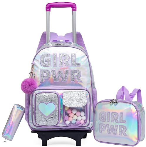 HTgroce Trolley Backpack, Children's Trolley School Bag with Wheels, Backpack, School Trolley Backpack, Children's School Bag with Wheels, Purple Pwr, M
