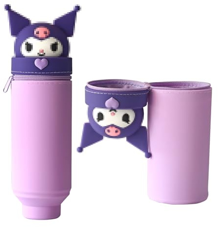GOACRS 2-in-1 Silikon Federmäppchen, Ständer Federtasche mit Reißverschluss, Weiches Teleskopisch Stiftemäppchen, Kleines Kawaii Stiftehalter für Schule, Lila Cartoon Stifteetui für Mädchen Teenager