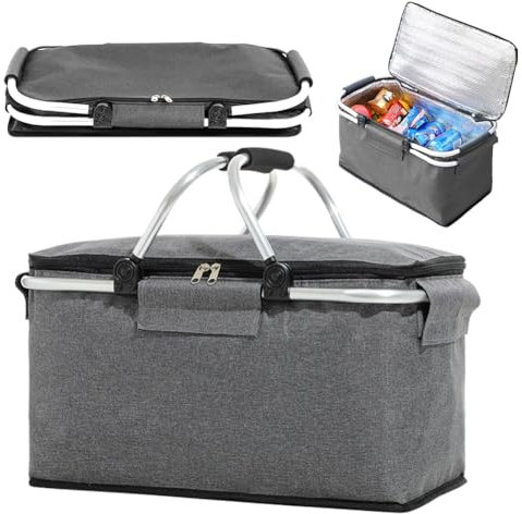 18.4L Kühlkorb Einkaufskorb Faltbar, Isolierter Thermo-Korb mit Deckel, Wasserdichter Aluminiumklapprahmen, Gepolsterte Griffe & Stützstange – für Picknick, Einkaufen, Reisen – Stabil & Groß(Grau)