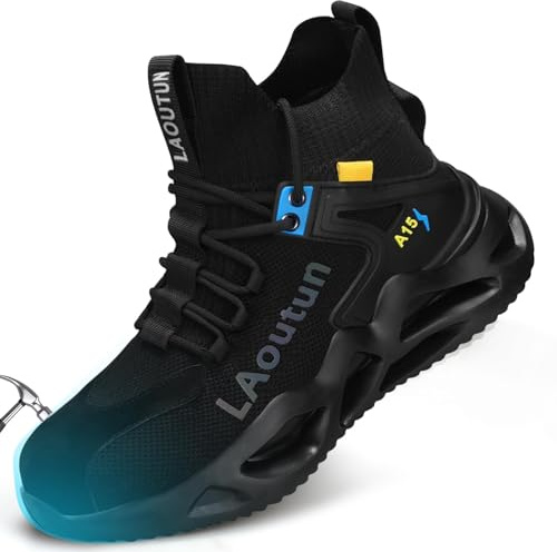 LAoutun Safety Trainers Lightweight Steel Toe Cap Trainers Mens Work Shoes | Steel Toe Cap Shoes for Men Comfortable Industrial Protective Work Footwear Dark Black
