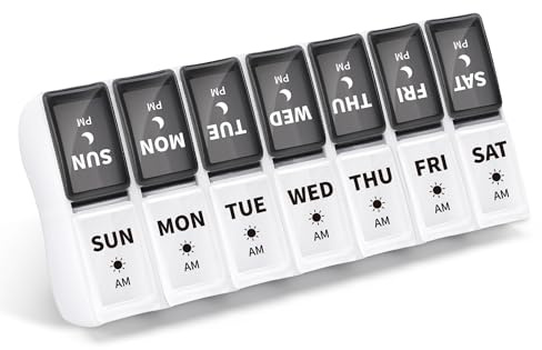 Opret Pill Box 7 Day 2 Times a Day, Small Removable Travel Tablet Organiser | Weekly Pill Organiser for AM PM, Portable, Compact, 14 Compartments, for Vitamins Supplements Medication, Black & White