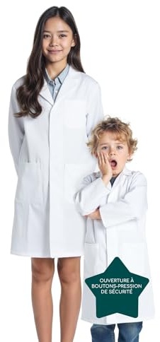 Bella Bloom Blouse de laboratoire unisexe pour enfants, tissu résistant, plusieurs poches, fermeture à boutons-pression de sécurité (10-12 ans)