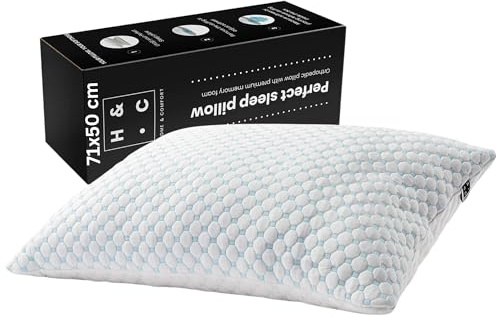Hom&Com – Almohada Viscoelástica Ajustable – 71x50 cm – Ideal para Dormir de Lado y Espalda – con Doble Funda Transpirable y Relleno Personalizable