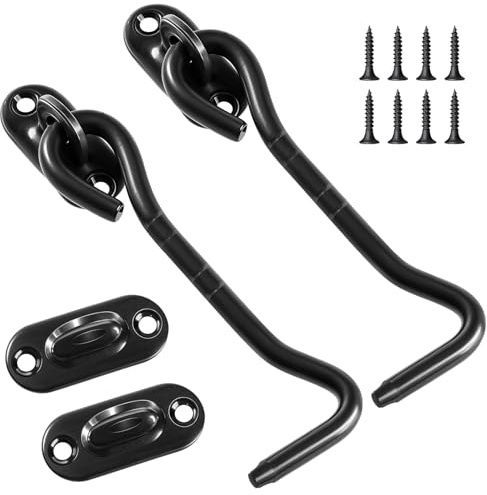 kuou 2 Pack 4 Inch Hook and Eye Latch, Stainless Steel, Black | 6 MM Thick, Polished Finish, With Screws, Rust Resistant, For Doors, Gates, Windows, Sheds And Closets