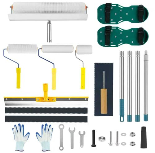 Complete Self Leveling Cement Tool Kit, Professional Epoxy Floor Kit Tools with Spiked Roller with Splash Guard, Spike Shoes, Paint Roller, Trowel, Scraper & Extension Pole