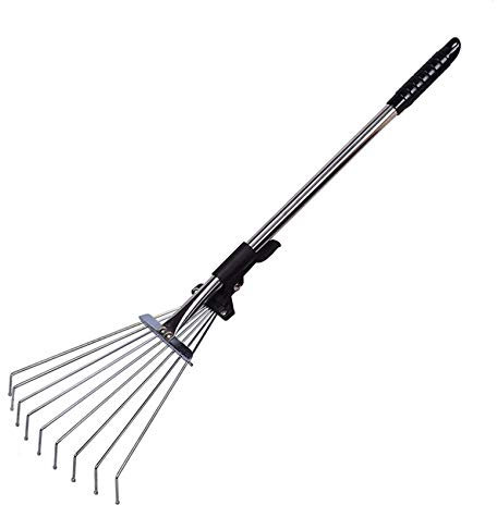 Rastrello telescopico regolabile da giardino con manico estensibile e testa a ventaglio in acciaio inox, pieghevole, rastrello per arbusti per giardinaggio, aiuole, finestre, pozzi, prati, cortili
