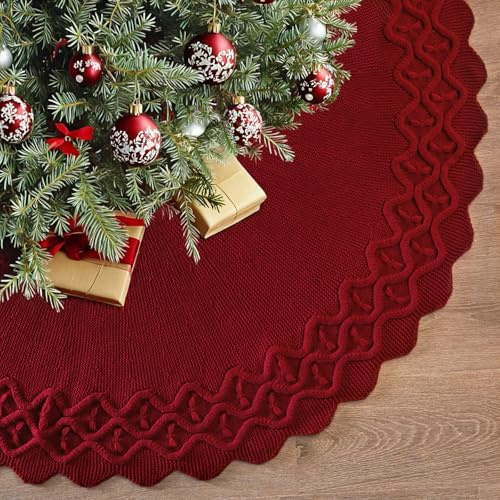 Weldomcor Jupe de Sapin de Noël, 90cm Cache Pied Sapin de Noel Rouge Pied De Sapin De Noel Ronde Tricot Tapis Sapin de Noel Couvre-Pied De Sapin pour Décorations d'arbre et Fêtes de Noël