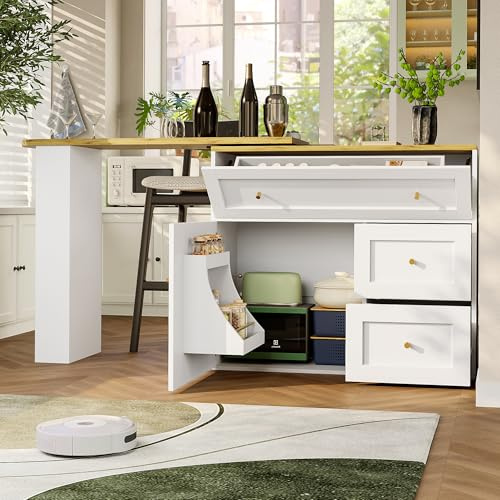 SogesHome Ausziehbarer Bartisch 138–204 cm – Küchenschrank & Sideboard mit Stauraum, Snackregal, 360° drehbar, Klappschubladen, Teleskopischer Stehtisch Kücheninsel (weiß)