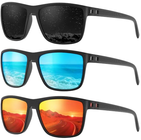 Fanshen Polarized Sports Sunglasses for Men Women, UV Protection Lightweight Sun Glasses for Driving Fishing Golf Cycling (Black+Blue+Red)