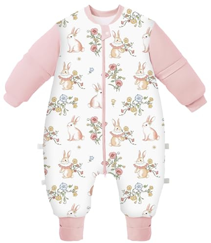 Chilsuessy - Baby Winter Schlafsack mit Füßen und abnehmbar Langarm Pyjamas aus Bio Baumwolle für Kinder von 1 bis 6 Jahren, 3,5 Tog/Kaninchen Garten, XL/Baby Höhe 110-120cm