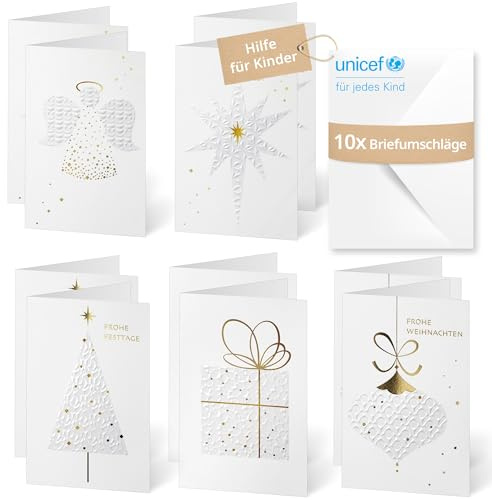 Unicef Weihnachtskarten Klassische Motive | 10 Klappkarten mit Umschlägen | Helfen Sie Kindern in Not: FSC-Papier, 10 Karten, 5 Motive (12 x 17 cm) – Blindprägung und Goldfolie
