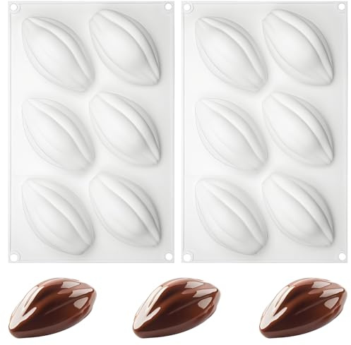 Juego de 2 moldes de silicona para granos de cacao 6 cavidades 29,5 x 18,8 | Molde de chocolate, superficie antiadherente, diseño 3D, para espuma y chocolate, calidad alimentaria