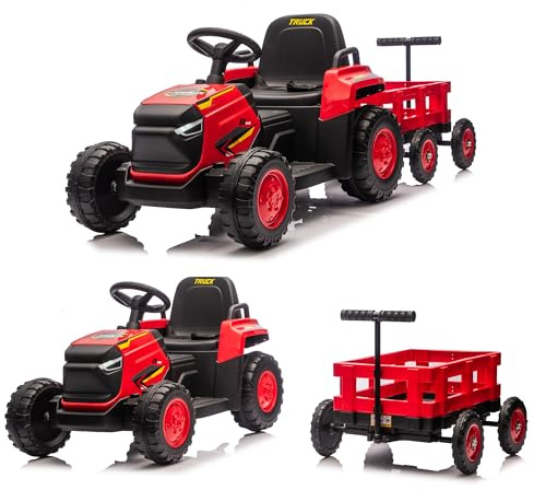 Garvee Toddlers Ride on Tractor with Detachable Garden Cart, 12V Electric Kids’ Vehicle with Trailer, Ages 3–8, Max Load 66 Lbs, Up to 2.5 Mph, Battery-Powered 8-Wheel, Remote Control, Garden Game