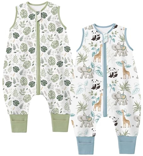 Teechodina Baby Schlafsack mit Füßen 2er Pack 100% Baumwolle 1.5 Tog Baby Schlafsack mit Beinen für kleine Kinder, 1.5 Tog/Zoo + Pflanzen, 70cm/Baby Höhe 80-90cm
