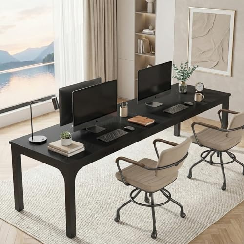 Lailang 200cm Escritorio, Mesa Ordenador E Impresora, Bancada de Trabajo Oficina, Mesa Escritorio Madera, Escritorio Doble 2 Personas, Mesa de Oficina Despacho, 200 x 70 x 75 cm, Negro