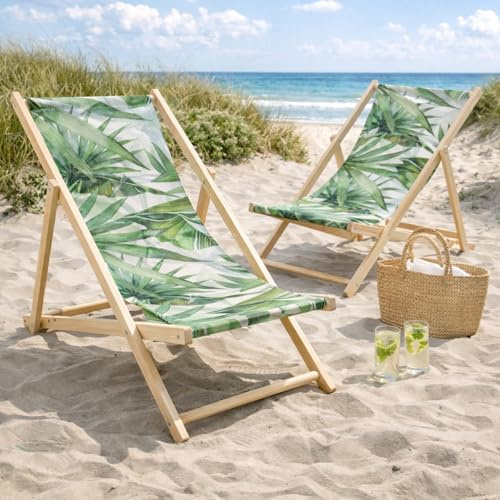 HAGO24 Strandliege Farn 2er Set Sonnenliege Gartenliege Liegestuhl Klappstuhl Holz Kiefernholz Polyester 3fach verstellbar faltbar Balkon Terrasse 120kg