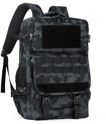 Outplea 25L Hiking Tactical Backpack for Men, Military Rucksack with MOLLE System, Army Assault EDC Daypack for Camping Travel Trekking, Black Camouflage