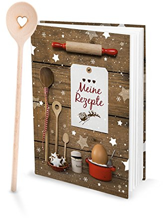 Logbuch-Verlag Geschenk-SET Rezeptbuch zum Selberschreiben MEINE REZEPTE + Kochlöffel aus Holz mit Herz - leeres Backbuch für Weihnachtsplätzchen braun rot