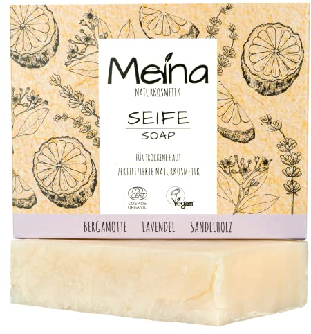 Meina Bio Seife mit Sandelholz und Lavendel, 100% Natürlich, Naturseife für trockene Haut, Zertifizierte Naturkosmetik, Ohne Palmöl, Vegan, Handgemacht, 100g