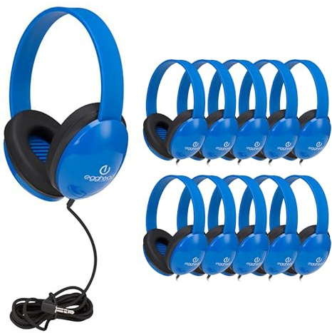 Egghead Heavy-Duty Kids' Headphones with Padded Ear Cups and 6' Cord, Adjustable Tangle-Free Plastic Classroom Headphones for Kids, Pack of 10, Blue