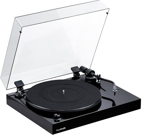 Fluance RT82 Referenz High Fidelity Vinyl Plattenspieler mit Ortofon OM10 Kartusche, Geschwindigkeitsregelungsmotor, High Mass MDF Holzsockel, Vibration Isolation Füße – Klavier Schwarz