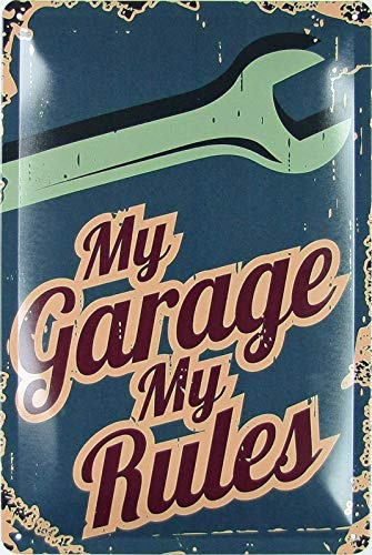 Targa in metallo da 20 x 30 cm, bombata, con scritta “My Garage My Rules” Cartello decorativo vintage