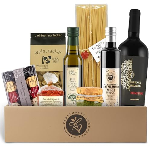 Geschenkkorb Bella Italia gefüllt mit Rotwein und italienischer Feinkost - Präsentkorb mit Olivenöl, Aceto Balsamico, Pasta, Pesto, Tartufini | Wein Geschenk für Männer & Frauen, Pasta Geschenkset