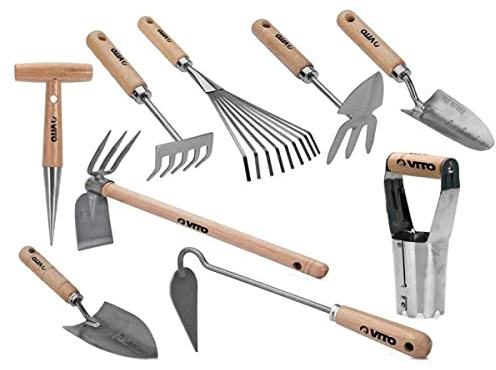 VITO - Kit 9 Outils de Jardin Manche Bois INOX et Fer forgés à la Main Outils de Jardin