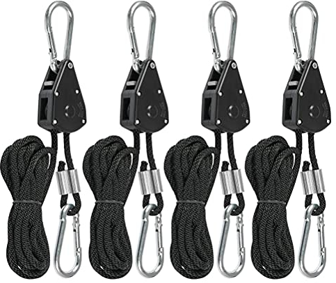 TIMESETL Seilratsche mit Haken 4 Stück 150lb Duty Heavy Rope Seil Ratsche Einstellbare Seil Ratsche Grow Lampe Aufhänger Rope Ratchet 1/8 Zoll Schnalle Seilratsche Sonnensegel, Ratchet Hangers
