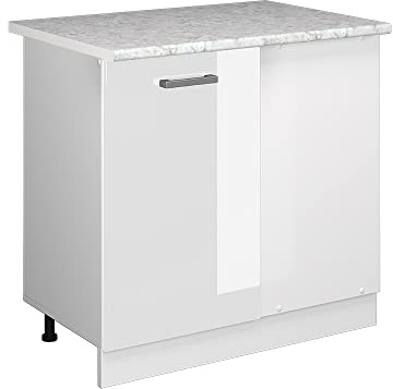 Vicco Eckunterschrank R-Line, Weiß Hochglanz, 86 cm | Verbindet zwei Küchenseiten · AP Marmor inkl. · Höhenverstellbare Füße · 1 Tür · Großer Innenraum ✓