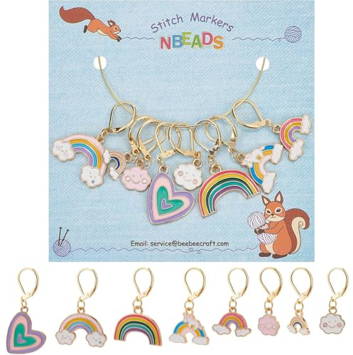 nbeads 8 Stück Rainbow Heart Maschenmarkierer, 8 Styles Emaillelegierung Häkelstichmarker Charms Abnehmbarer Baumelnder Verriegelungsstichmarker Zum Stricken Weben Nähzubehör Quilten Schmuck