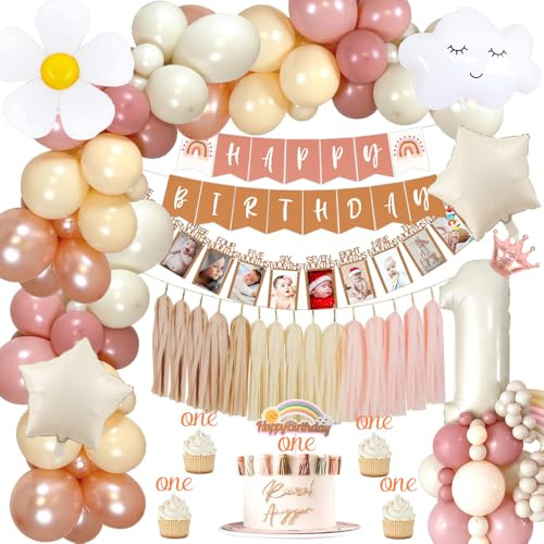 TOLOYE 1. Geburtstag Deko Mädchen, Erste Boho Geburtstagsdeko 1 Jahr | Happy Birthday Banner, Folie Luftballon, Monat Foto Banner, Tassel, Cake Topper, 1 Jahr Rosa Beige Luftballons Girlande
