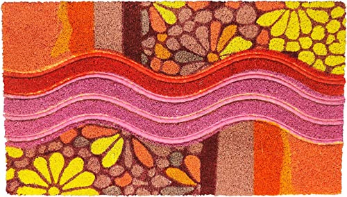 HOME ZEN HOUSEHOLD LINEN Zerbino Art. Raja in Fibra di Cocco Stampato in Fantasia Tappeto Ingresso con Retro PVC Antiscivolo con intarsio Ondulato (40X70 CM RETTANGOLARE, FIORI COLORATI)