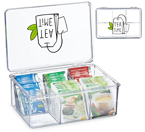 Relaxdays Box Porta tè e Tisane, 6 Scomparti, con Coperchio, 9x21,5x15 cm, Organizer per Bustine, Plastica, Trasparente