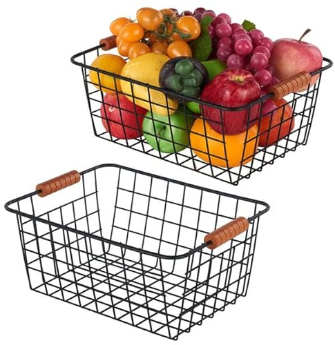 JUNCHU CHERRY Wire Kitchen Storage Basket 2 Packs,Perfect Pantry Organization Accessories Baskets,Laundry Basket,With a Wooden handle,Suitable for Kitchen,Bathroom,Bedroom,Tabletop,Stackable,Black