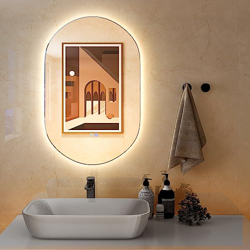 COSTWAY Specchio Bagno Ovale LED 80 x 50 cm, Modello 1 | Specchio da Parete con 3 Colori, Pulsanti Touch, Antiesplosione Antiappannamento, IP44