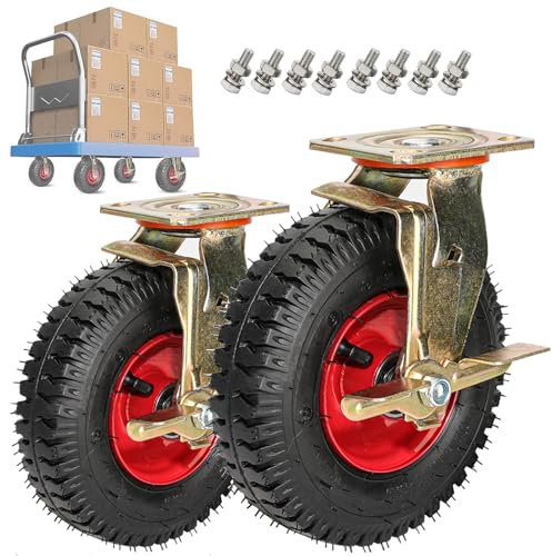 SAGIDAR Geräuschlose Schwerlast Räder, 8 Inch/10 Inch Plattformwagen Rad, 2 Stück Luftreifen Gummi Lenkrolle, Feststehend/Drehbar/Bremse, Industriell Rad Für Möbelroller, Werkbank Rollen